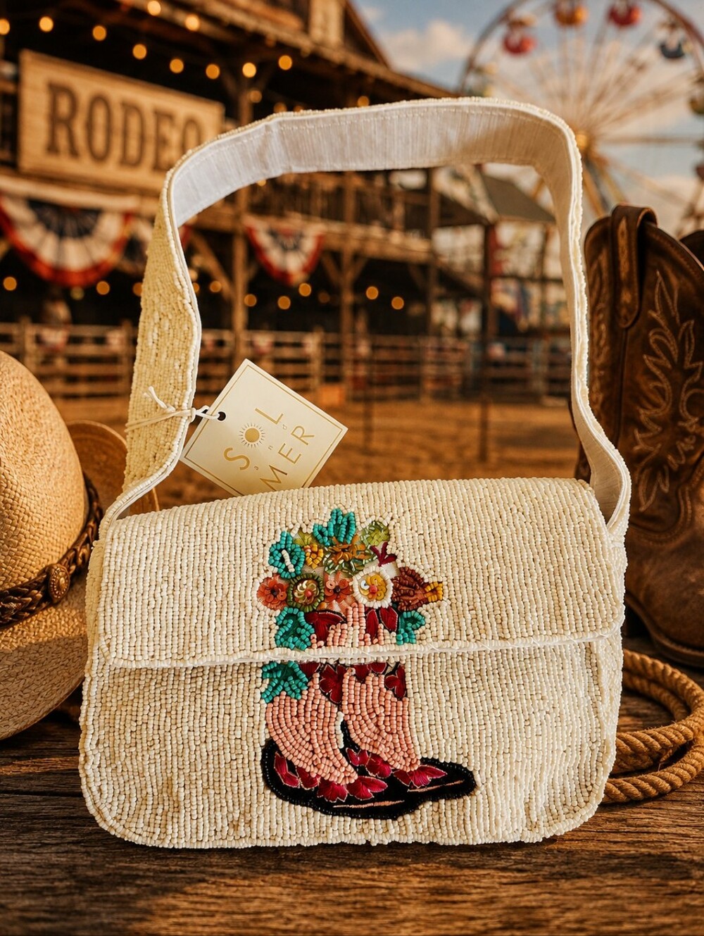Sol & Mer Viral Rodeo Western Pink & White Cowgirl Floral Boot Beaded Bag NWT